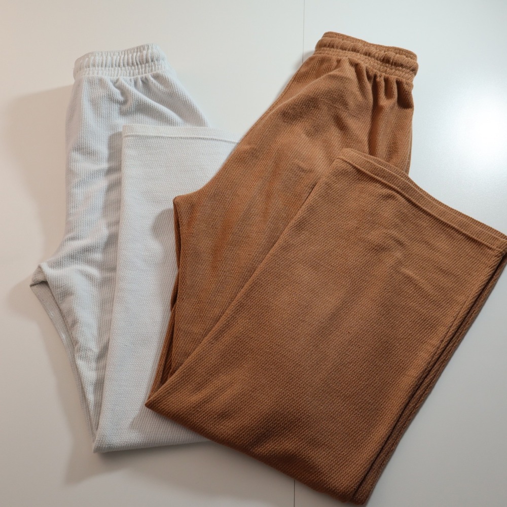 RCY Lounge Pants Women Medium Brown White Waffle Knit Wide Leg Drawstring 2pk